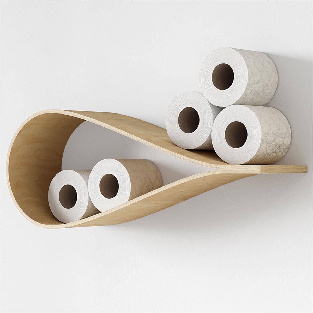 Sleek wooden wall shelf in a drop shape, holding five rolls of toilet paper. The shelf features a smooth, light-colored wood finish, offering a minimalist and functional storage solution.